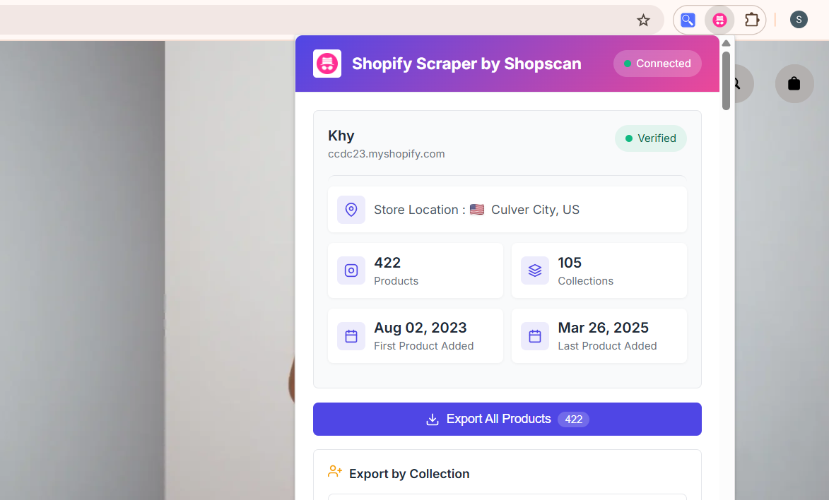 shopify product scraper extesnion result